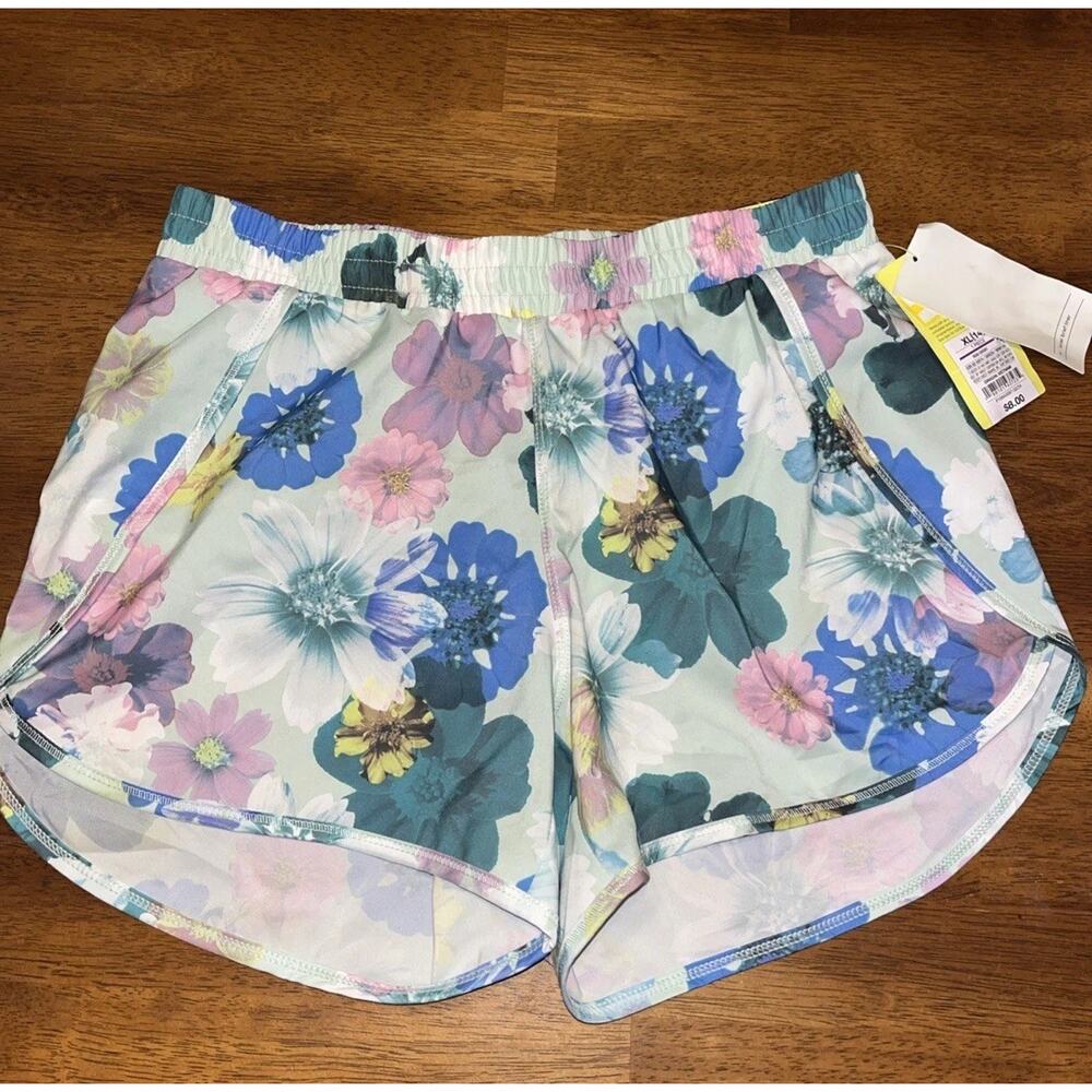 All In Motion Running Shorts Mid Rise Standard Fit Size XL (14) Green Floral